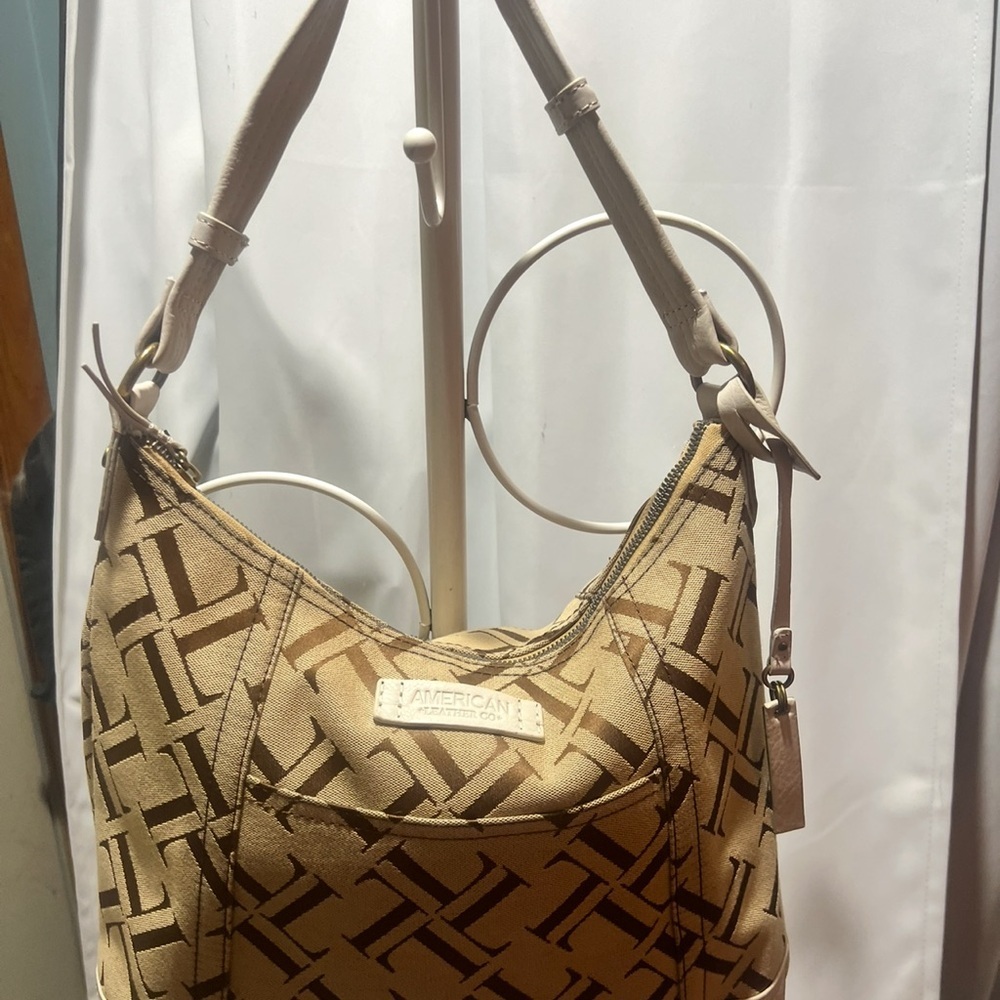 Great American Leather Tan Monogram Shoulder Hobo Bag Y2K - Picture 2 of 13